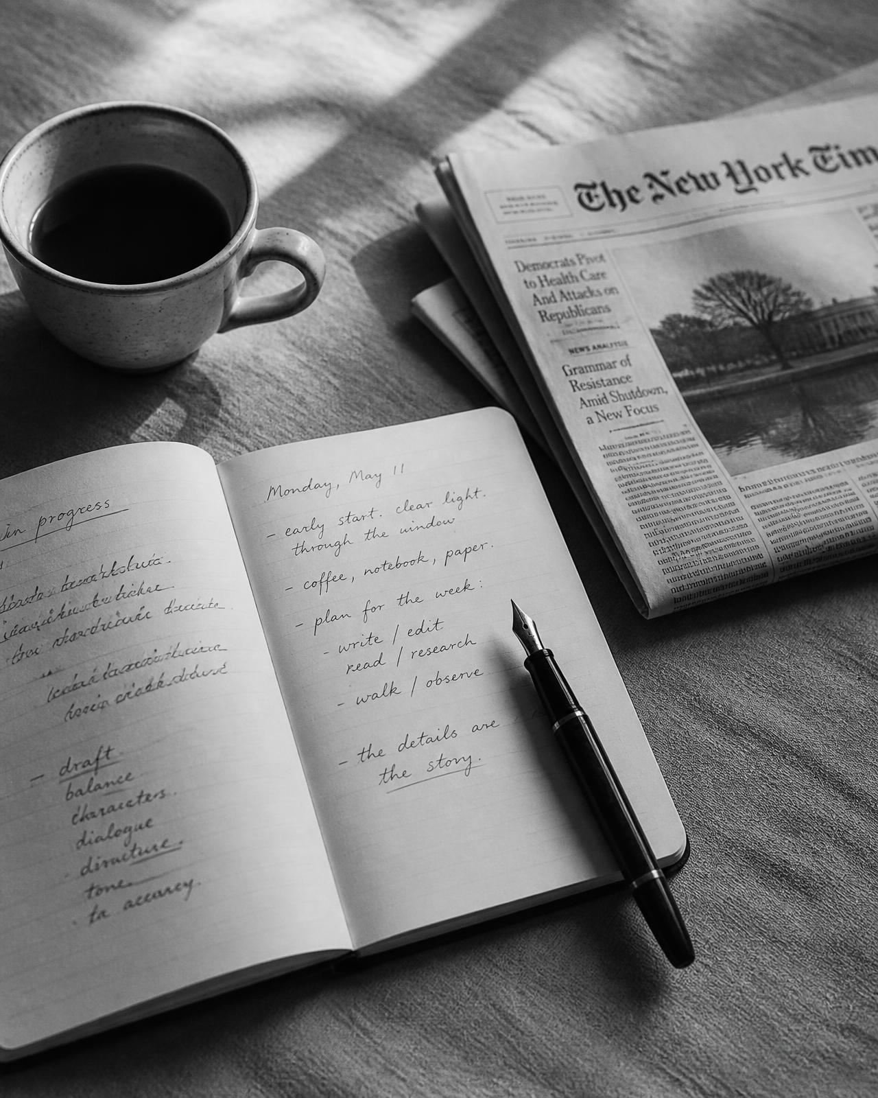 Notebook, fountain pen and newspaper on a writer's desk
